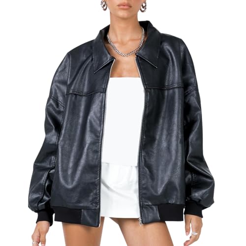 Beeuthios Women's Y2K Oversize PU Leather Jackets Vintage Laple